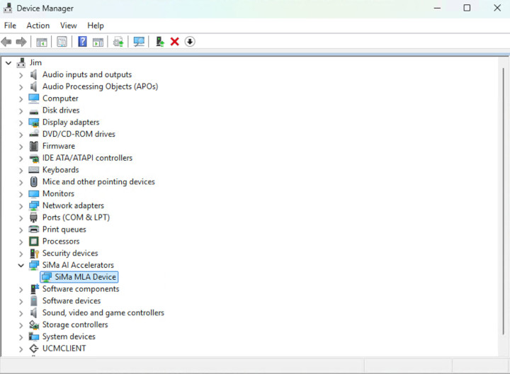 Windows device manager showing SiMa AI device
